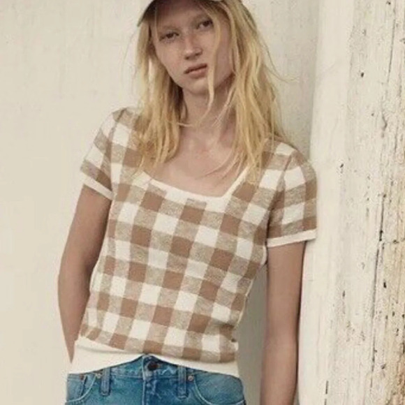 Madewell Square-Neck Sweater Tee in Gingham Top Size XXS - Picture 1 of 11